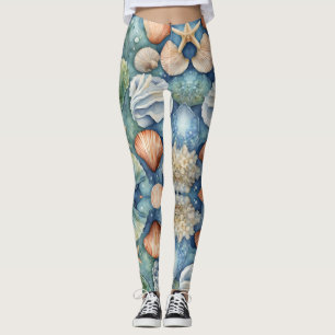 Leggings Brisa Oceánica Acuarela: Concha y Estrella de Mar