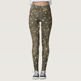 Leggings Brown night sky celestial gold star pattern