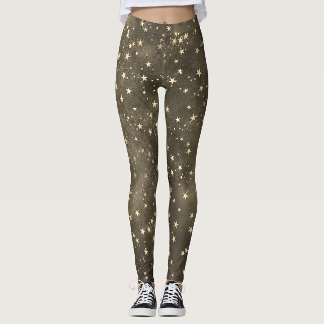 Leggings Brown night sky celestial gold star pattern  (Anverso)
