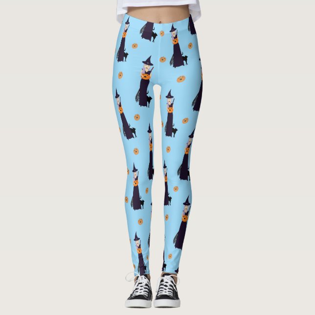 Leggings Bruja de Halloween, calabaza feliz y gato negro (Anverso)