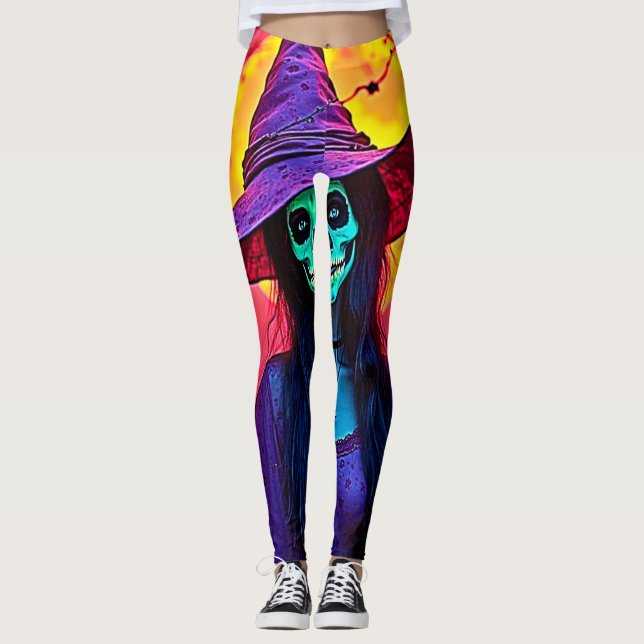 Leggings Bruja de Halloween con diseño de cara de cráneo (Anverso)