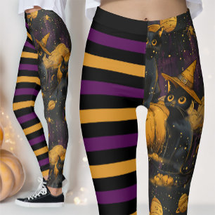 Leggings Bruja Divertida de Halloween Gato Calabaza Morada 