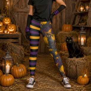 Leggings Bruja Gato Halloween Calabaza Morada Rayada Divert
