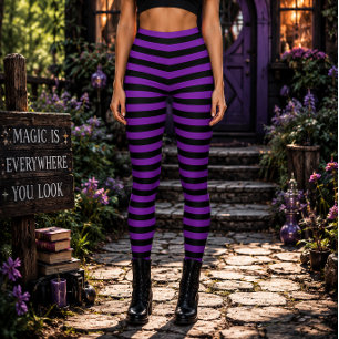 Leggings Bruja Malvada Morado y Negro Rayado Halloween
