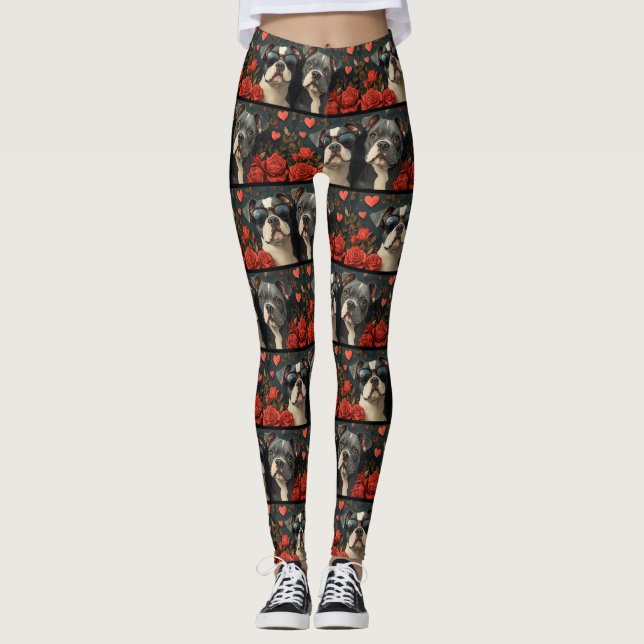 Leggings Bull Terrier con rosas del corazón día de San Vale (Anverso)