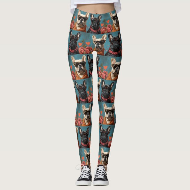 Leggings Bulldog francés con El día de San Valentín de Rosa (Anverso)