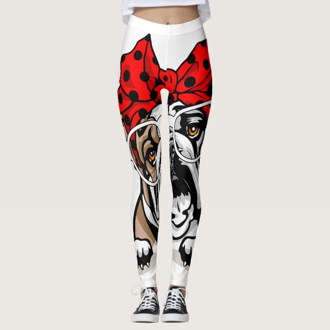 Leggings Bulldog Inglés lindo Xmas Red Plaid Headband Y G (Anverso)