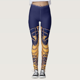 Leggings Buque antiguo, delfines, oro, azul marino