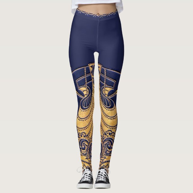 Leggings Buque antiguo, delfines, oro, azul marino (Anverso)