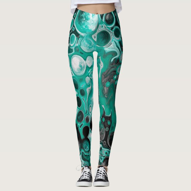 Leggings Burbujas verde azuladas y negras Células de arte f (Anverso)