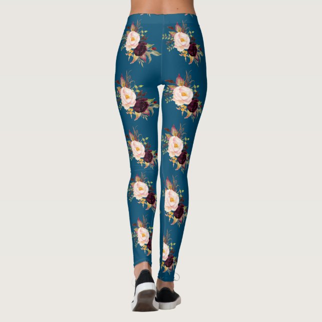 Leggings Burgundy Rubor Flores Ocean Blue Pattern (Reverso)