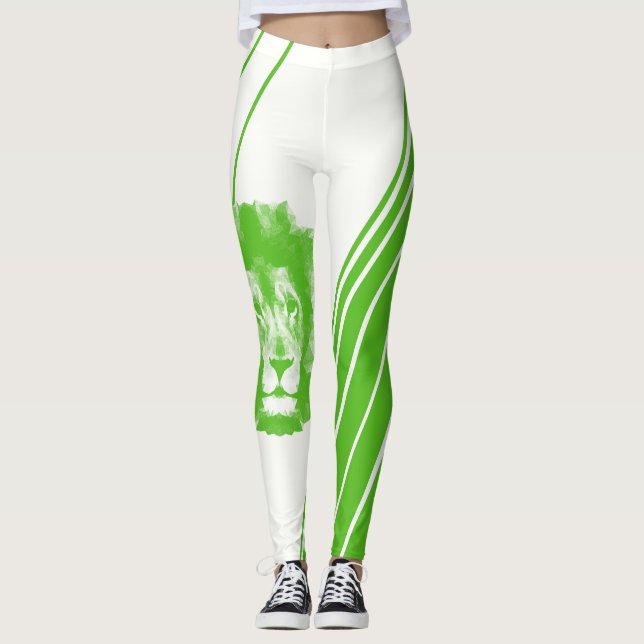 Leggings Cabeza De León Verde Con Piernas De Rayas (Anverso)