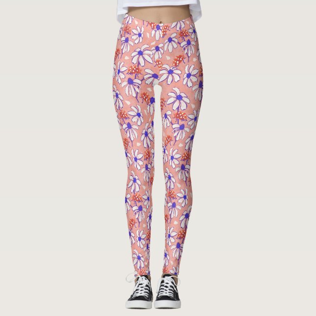 Leggings Cables Ladybugs y Daisies rosa y azul (Anverso)