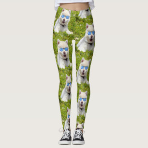 Leggings Cachorro Casual Blanco Con Gafas De Sol Azules,