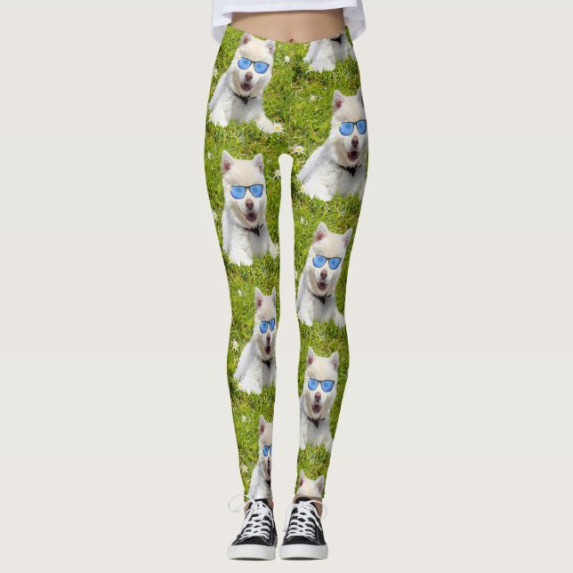 Leggings Cachorro Casual Blanco Con Gafas De Sol Azules, (Anverso)