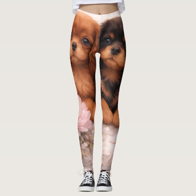 Leggings cachorros Cavalier spaniel flor de primavera (Anverso)