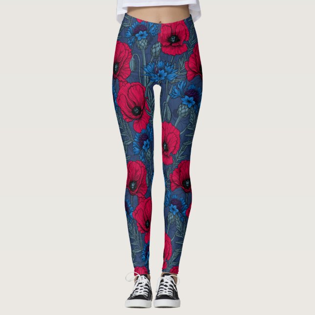 Leggings Cachorros rojos y flores azules en azul (Anverso)