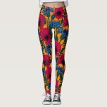 Leggings Cachorros rojos y flores azules en naranja<br><div class="desc">Patrón vectorial dibujado a mano con flores rojas de amapola y flores azules</div>