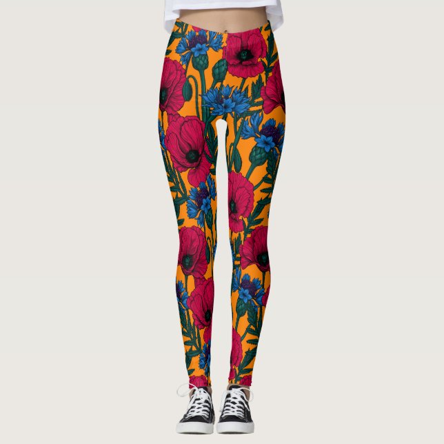 Leggings Cachorros rojos y flores azules en naranja (Anverso)