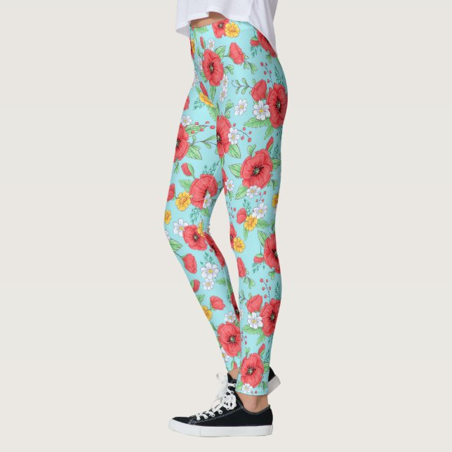Leggings Cachorros rojos y margaritas florales modernas (Izquierda)