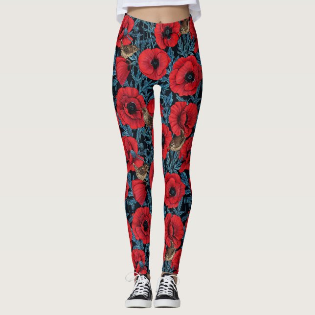 Leggings Cachorros rojos y venas, hojas azules en negro (Anverso)