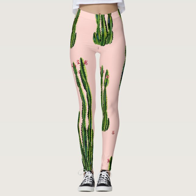 Leggings Cacti acuarela: Floreciente patrón sin foco (Anverso)