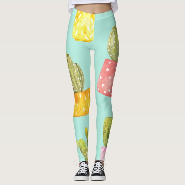 Leggings Cacti espinoso en ollas, patrón de acuarela. (Anverso)