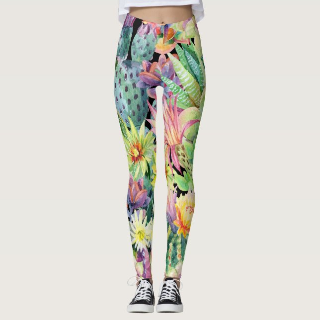 Leggings Cactus floreciente, acuarela patrón sin fisuras. (Anverso)
