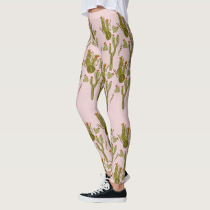 Leggings Cactus Pintado a Mano Patrón Rosa Acuarela  