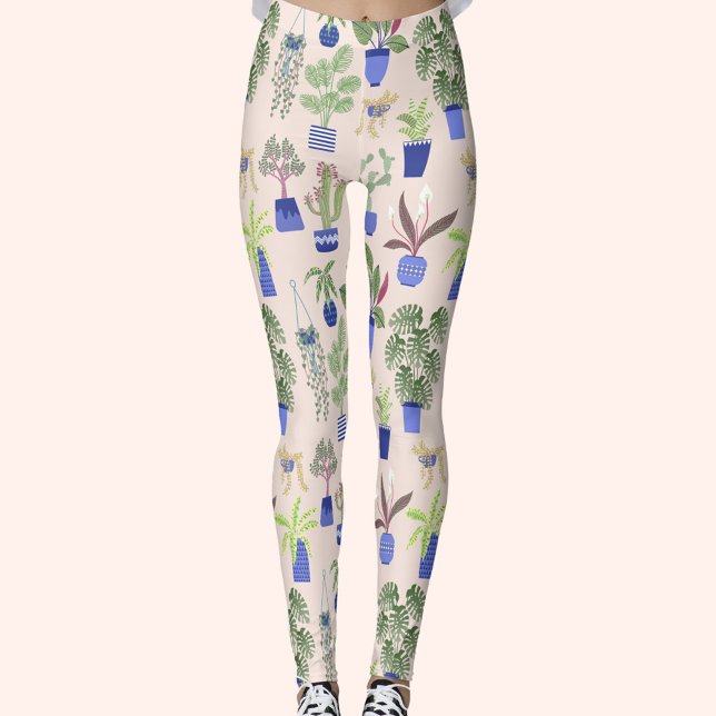 Leggings Cactus Succulent Rubor Pink (House plant, cactus and succulent pattern yoga pants leggings)