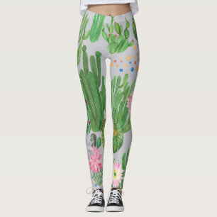 Leggings Cactus y flores, pintura acuarela sin costura.