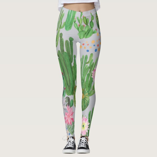 Leggings Cactus y flores, pintura acuarela sin costura. (Anverso)