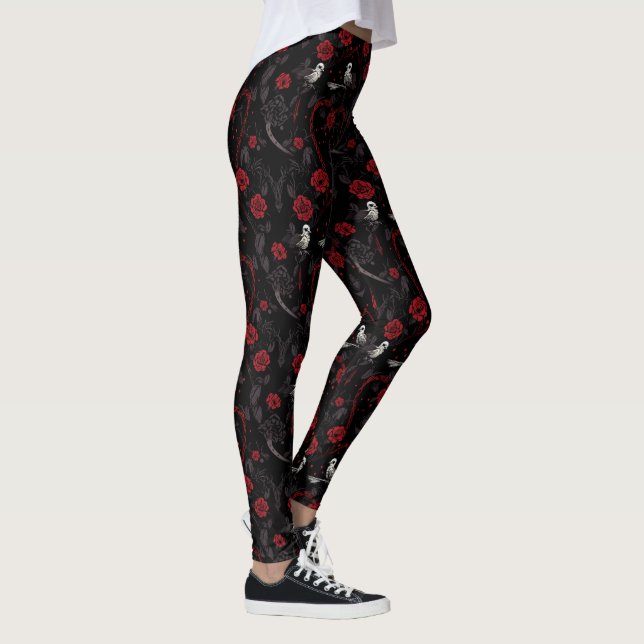 Leggings Cadena de rosas rojas góticas Corazón rojo y cuerv (Derecha)