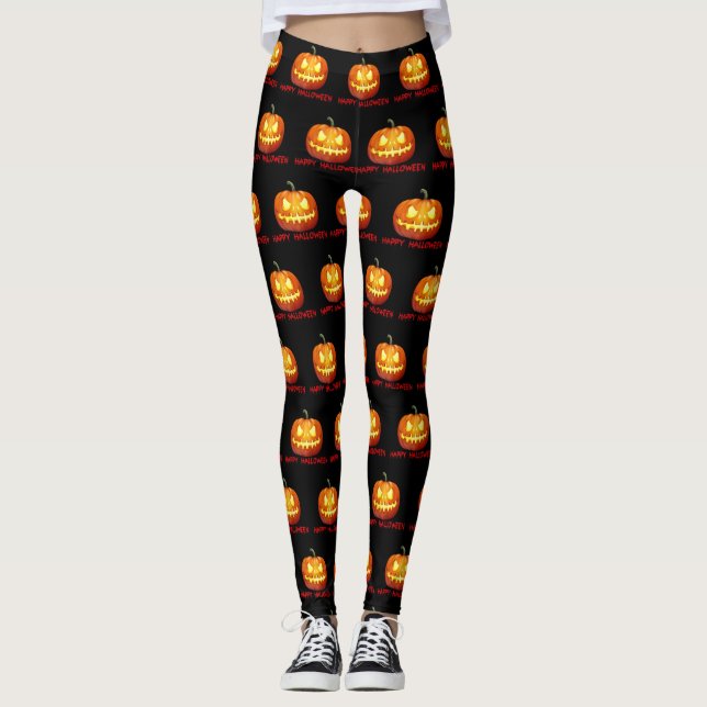Leggings Cae el Naranja del patrón de calabaza de Halloween (Anverso)