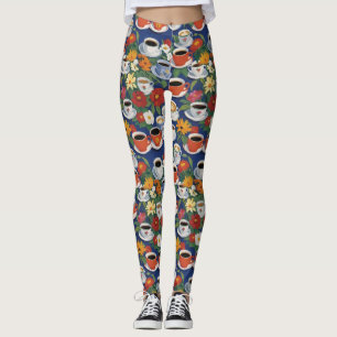 Leggings Café Y Té Cups Azules Florales