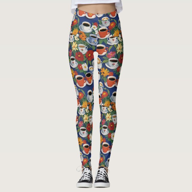 Leggings Café Y Té Cups Azules Florales (Anverso)