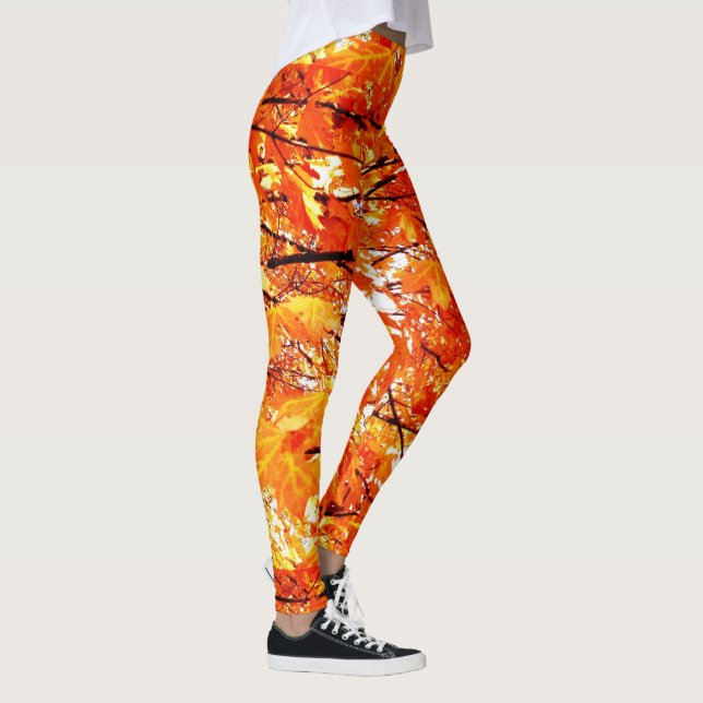 Leggings Caída de hojas de otoño, Naranja con piernas negra (Derecha)