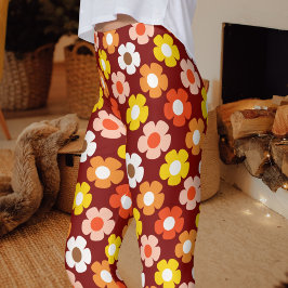 Leggings Caída Retro Patrón de Flores de Otoño Rojo