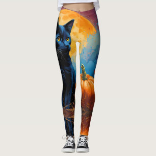 Leggings Calabaza de gatito negro de hojas de otoño llenas 