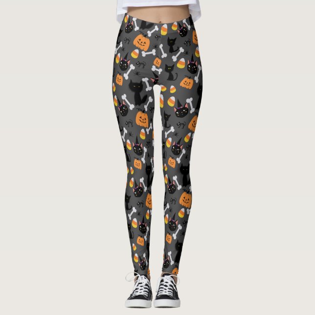 Leggings Calabaza de Halloween y Patrón sin Marea de Gatos  (Anverso)