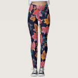 Leggings Calabaza de la Marina de Otoño Deja Patrón de Acua<br><div class="desc">Este patrón de otoño moderno y bonito es perfecto para las estaciones de otoño e invierno. Cuenta con calabazas color burdeos pintadas a mano, verde verde azulado, azul marino, naranja, amarillo dorado y morado, hojas de otoño y bayas sobre un simple fondo azul marino. Es artístico, moderno, hermoso, único y...</div>