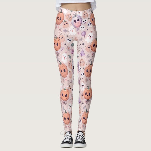 Leggings Calabazas y fantasmas de Halloween rosas sin foco (Anverso)