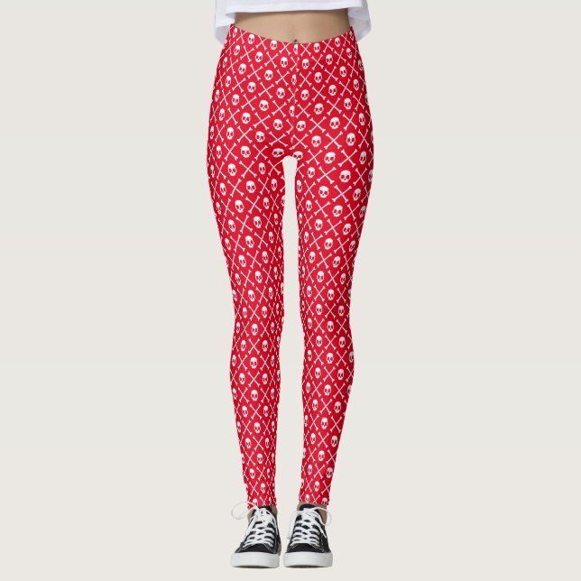 Leggings Calavera blanca y huesos en una chica roja (Anverso)