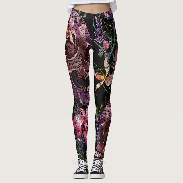 Leggings Calavera bordada: Patrón de orquídeas góticas (Anverso)
