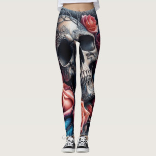 Leggings Calavera con Rosas y pájaro azul