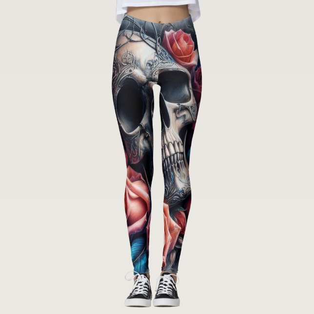 Leggings Calavera con Rosas y pájaro azul (Anverso)