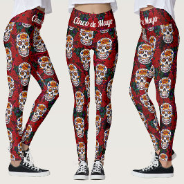 Leggings Calavera de azúcar Cinco de Mayo Floral Roja