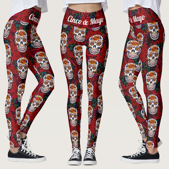 Leggings Calavera de azúcar Cinco de Mayo Floral Roja (Sugar Skull Cinco de Mayo Red Floral Leggings)