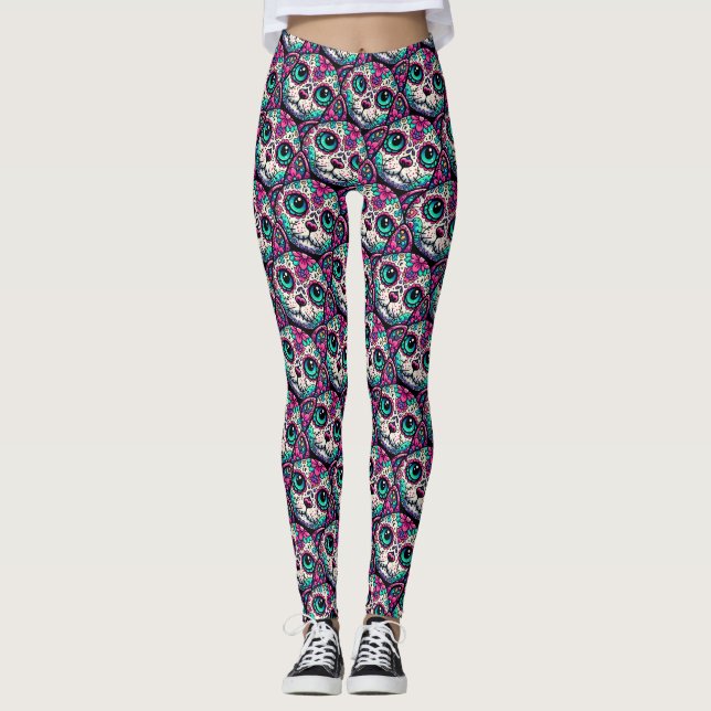 Leggings Calavera de azúcar de gato colorida (Anverso)