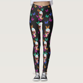 Leggings Calavera de azúcar gótica de mariposa colorida